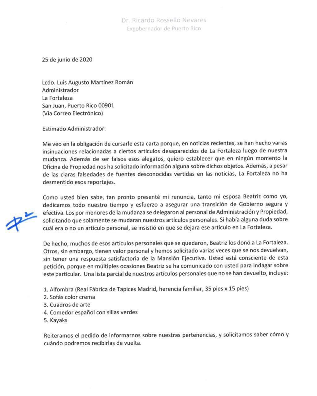 Carta - Rossello - Fortaleza - junio 26 2020